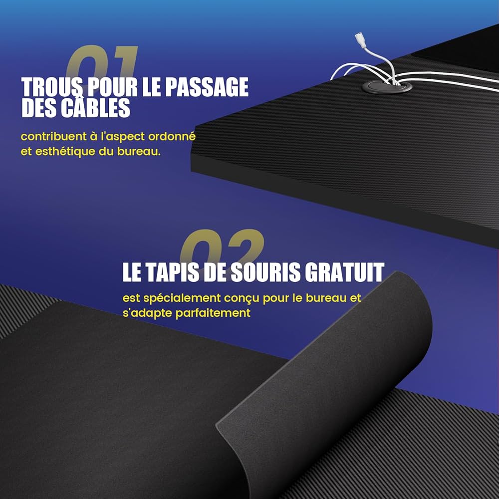 Bureau Gaming 120 x 60 cm, Bureau Gamer avec Tapis de Souris, Table Gaming PC en Fibre de Carbone avec Crochet pour Casque, Noir (Noir)