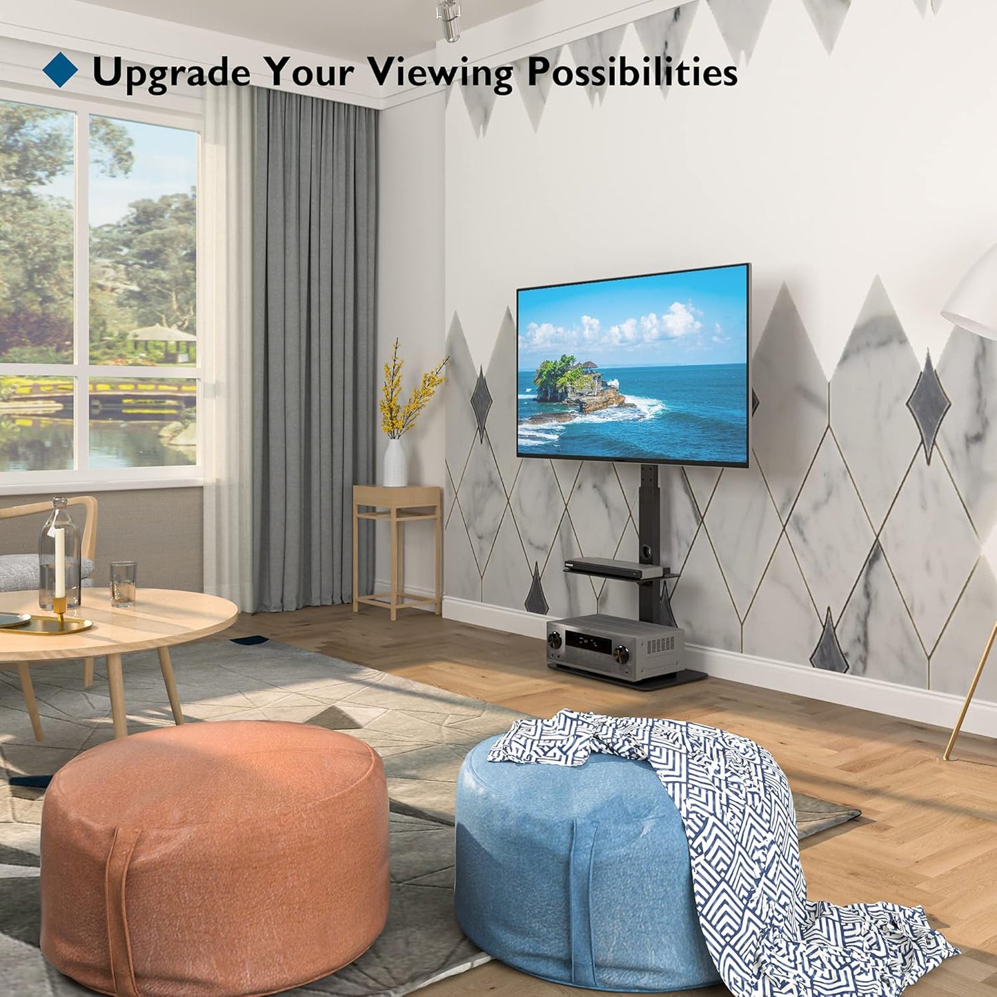 Support TV sur Pied pour 30-70 Pouces Montage au Sol Téléviseurs Incurvés Plats LED OLED LCD jusqu'à 40 kg, Pivotant Hauteur Réglable avec 2 Etagères, Max VESA 600x400 mm