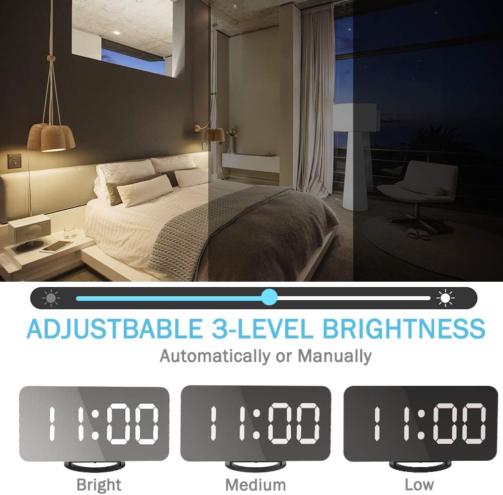 Réveil Numérique LED Miroir Horlogue Digital Réveil de Chevet Réveil Matin Miroir Maquillage Fonction Snooze, Lumière de Nuit, Luminosité Réglable, Double Ports USB Charger Téléphones Intelligents
