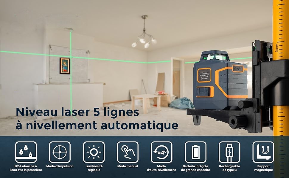 Niveau Laser 360°, Auto-nivelant Ligne Horizontale 360° + Ligne Laser Verticale rechargeable USB-C