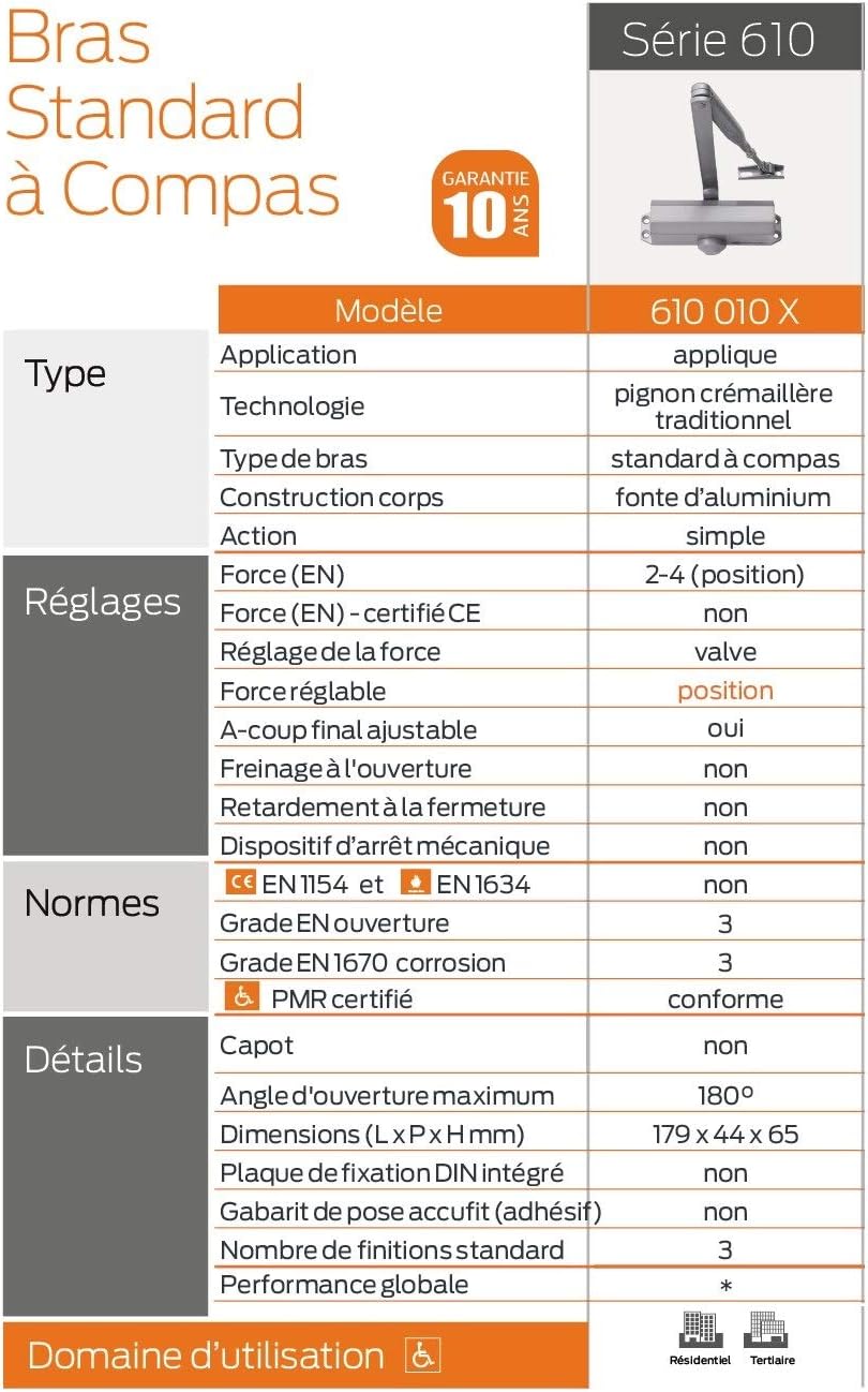 Ferme-Porte à bras compas force 2 à 4 (jusqu'à 80kg), Technologie Pignon Crémaillère neuf