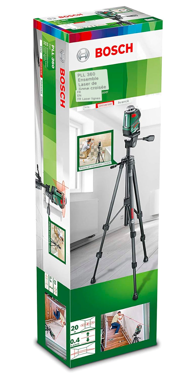 Bosch Home and Garden Laser à lignes croisées PLL 360 Set (trépied, support, 4x piles AA, cendres de protection, zone de travail 20 m, précision de mesure ± 0,4 mm/m), 603663001, noir, vert