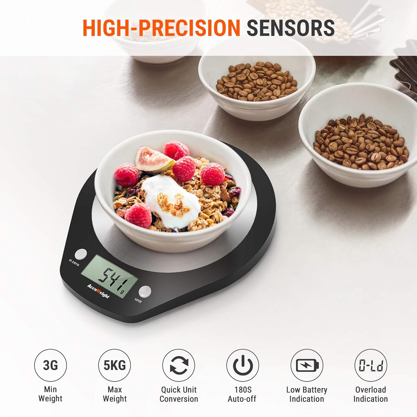 Balance de cuisine numérique 203, pour nourriture ou courrier, en acier inoxydable, fonction de mesure pour liquide en ml, 5000 g, incréments de 0,1 oz ou 1 g