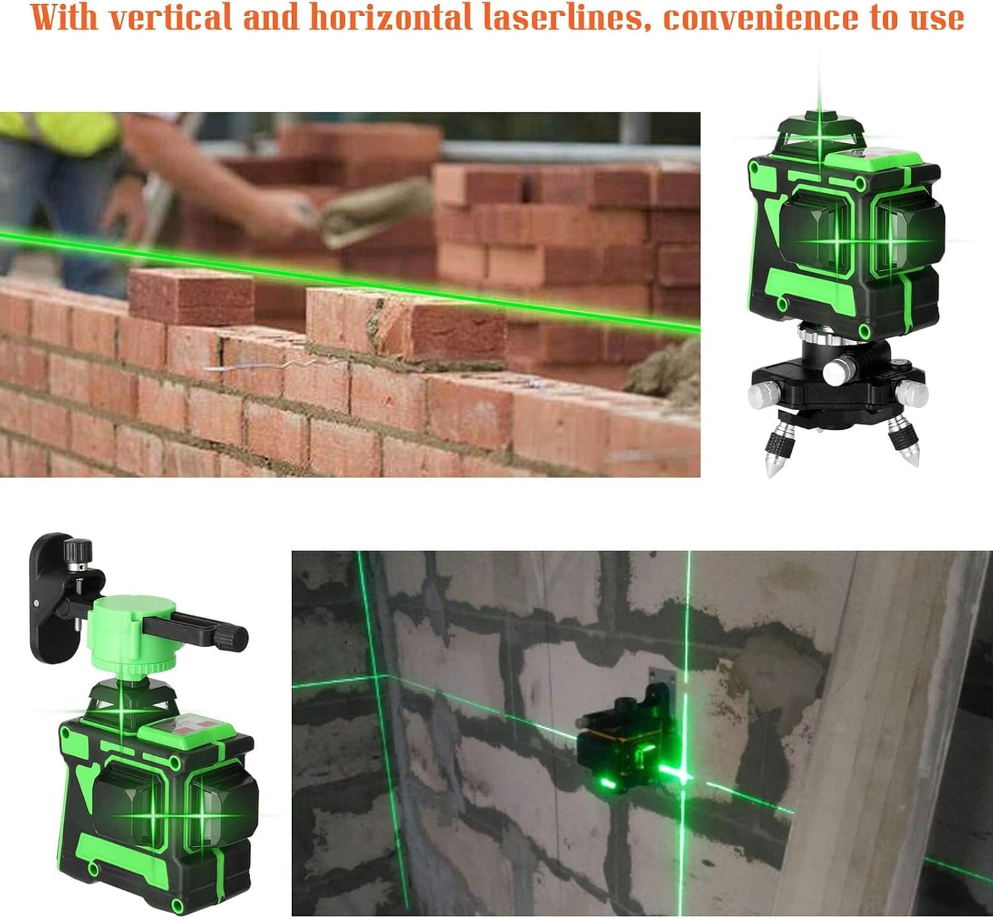 Niveau Laser Vert en 3 x 360 3D 12 Lignes avec Fonction 3° D'auto-Nivellement Auto-équilibrage du Niveau Laser Multifonctionnel 12 Lignes Lignes Horizontales Verticales a Trépied (1 Batteries)