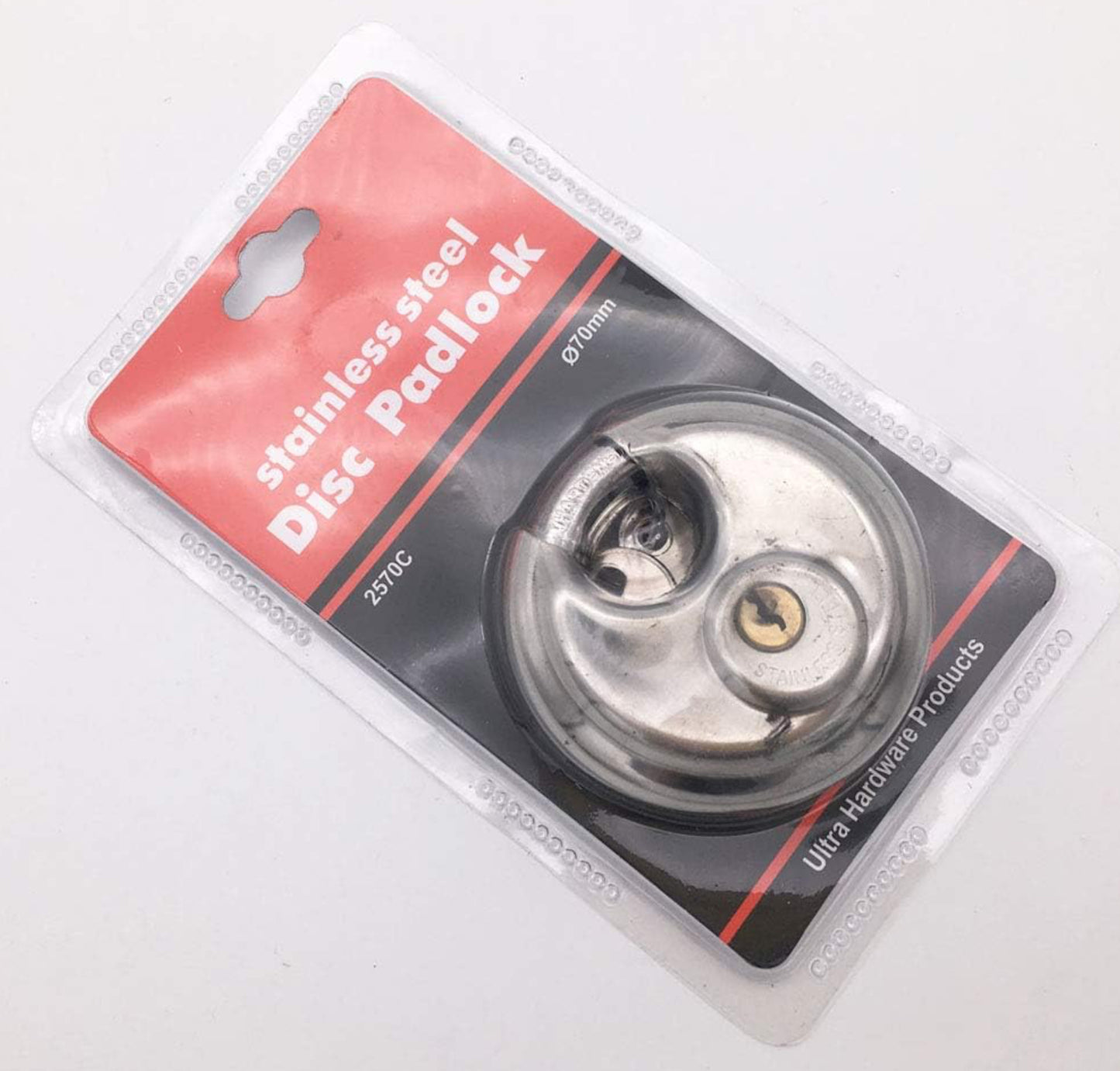 Cadenas en acier inoxydable Forme ronde 70 mm grande Distribution gâteau Lock entrepôt Porte Disc Chaîne antivol Serrure avec 2 clés