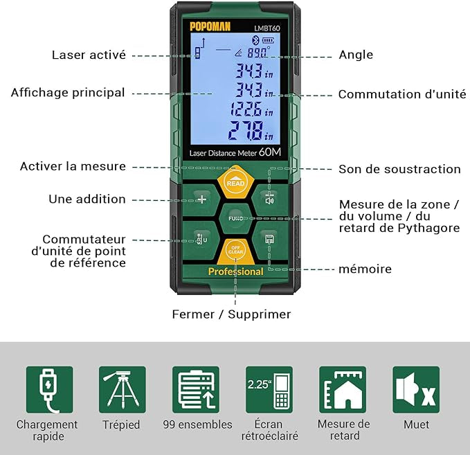 Mesure de distance laser POPOMAN, rechargeable avec Bluetooth 60m Transfert