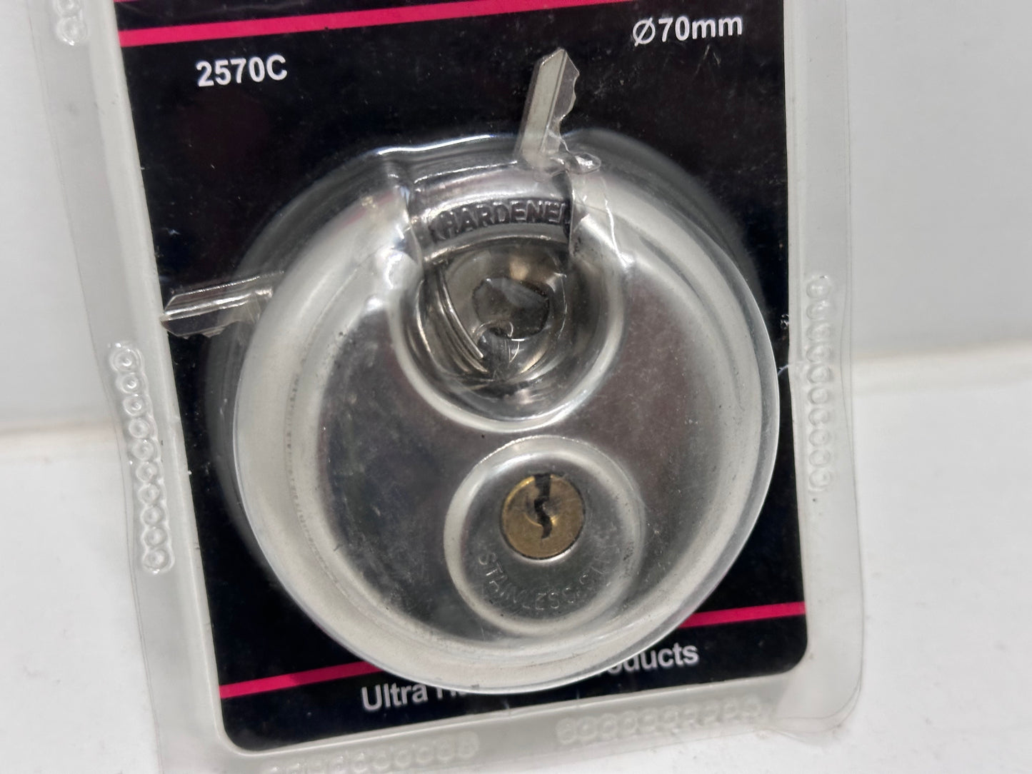 Cadenas en acier inoxydable Forme ronde 70 mm grande Distribution gâteau Lock entrepôt Porte Disc Chaîne antivol Serrure avec 2 clés