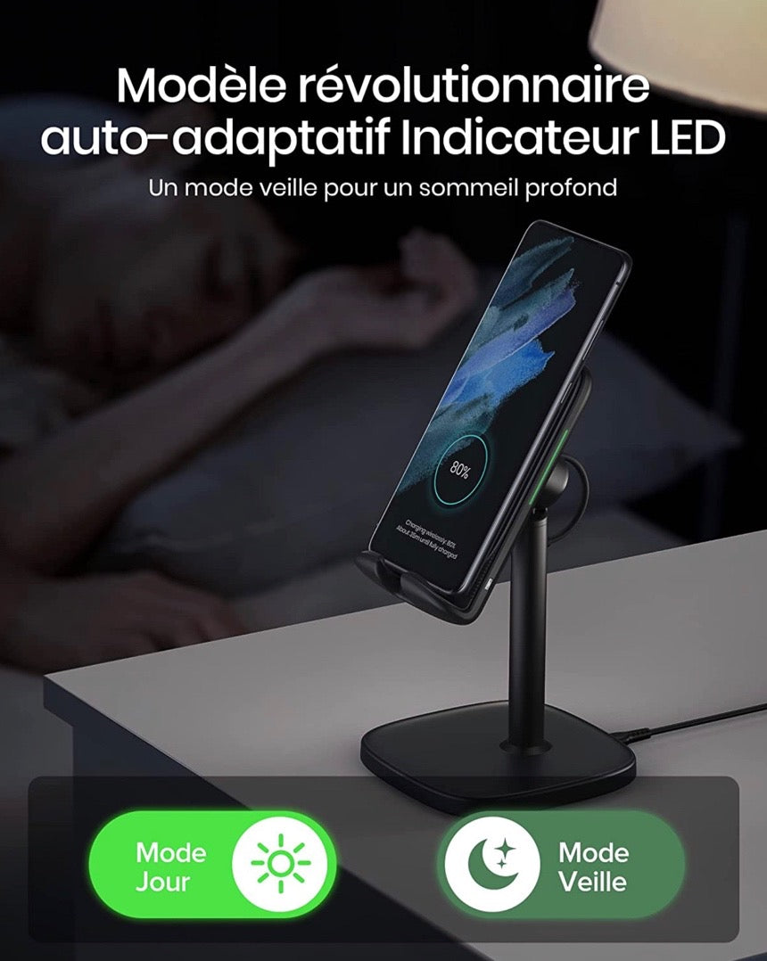 Chargeur Induction, 15W Certifié Qi Charge Rapide à Double Bobine, Lumière Adaptative Facile à Dormir