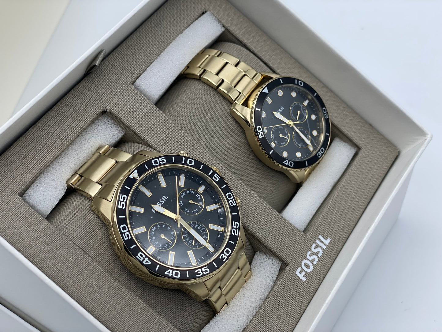 Coffret Montre Fossil Homme & Femme Acier Inoxydable Dorée Multifonctions Neuves