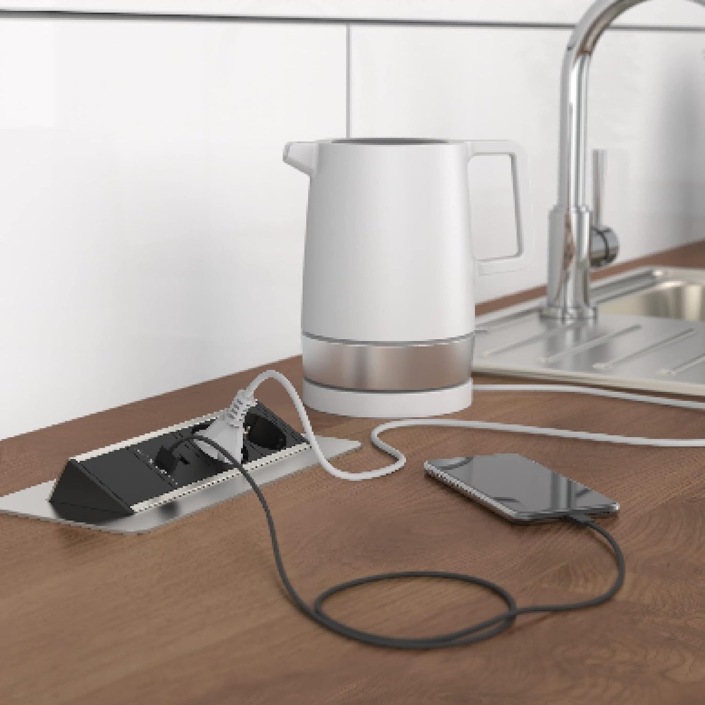 SCHÜTTE Multiprise Pliable pour Plan de Travail (2 Ports USB et 2 Prises de 230 V), Prise encastrable pour la Cuisine à équiper, Prise de Table en Acier Inoxydable