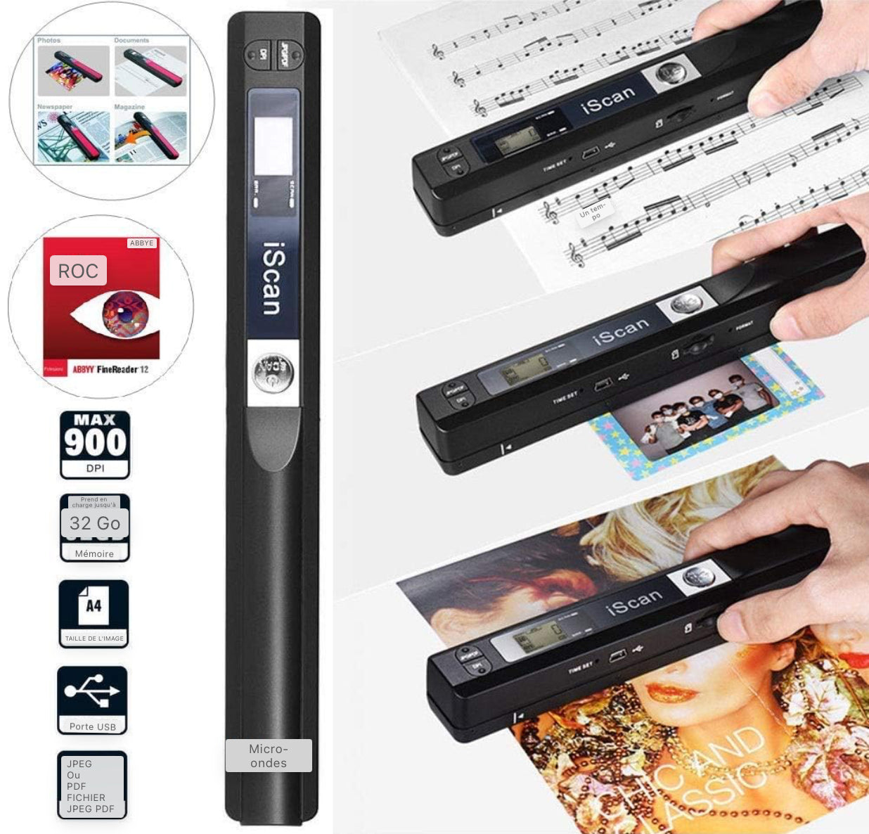 Scanner à main Scanner de documents couleur de résolution 900DPI Scanner portable sans fil A4 avec carte 8G Micro SD Format JPG et PDF Noir (Pack MEHRWEG)