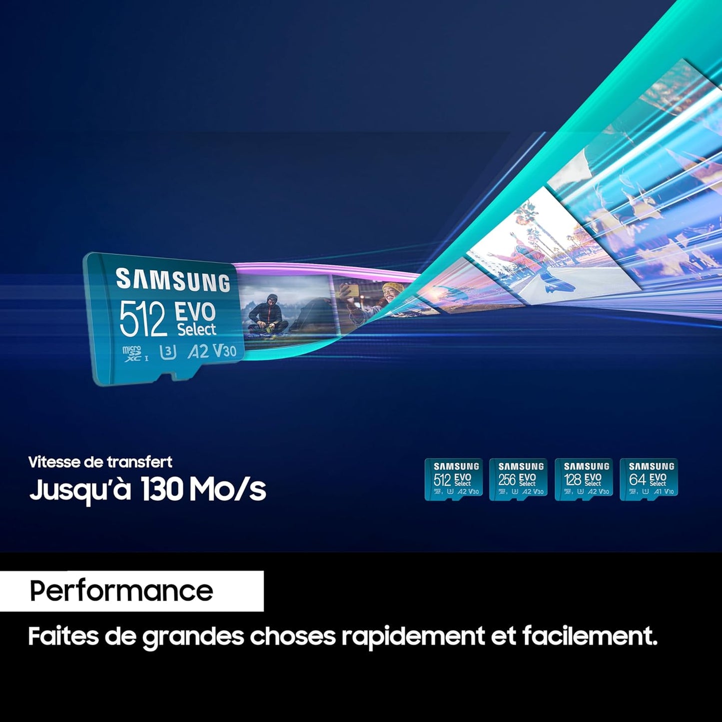 Samsung Evo Select Carte mémoire microSDXC UHS-I U3 130 Mo/s Full HD & 4K UHD avec Adaptateur SD (MB-ME512KA/EU) 512 Go