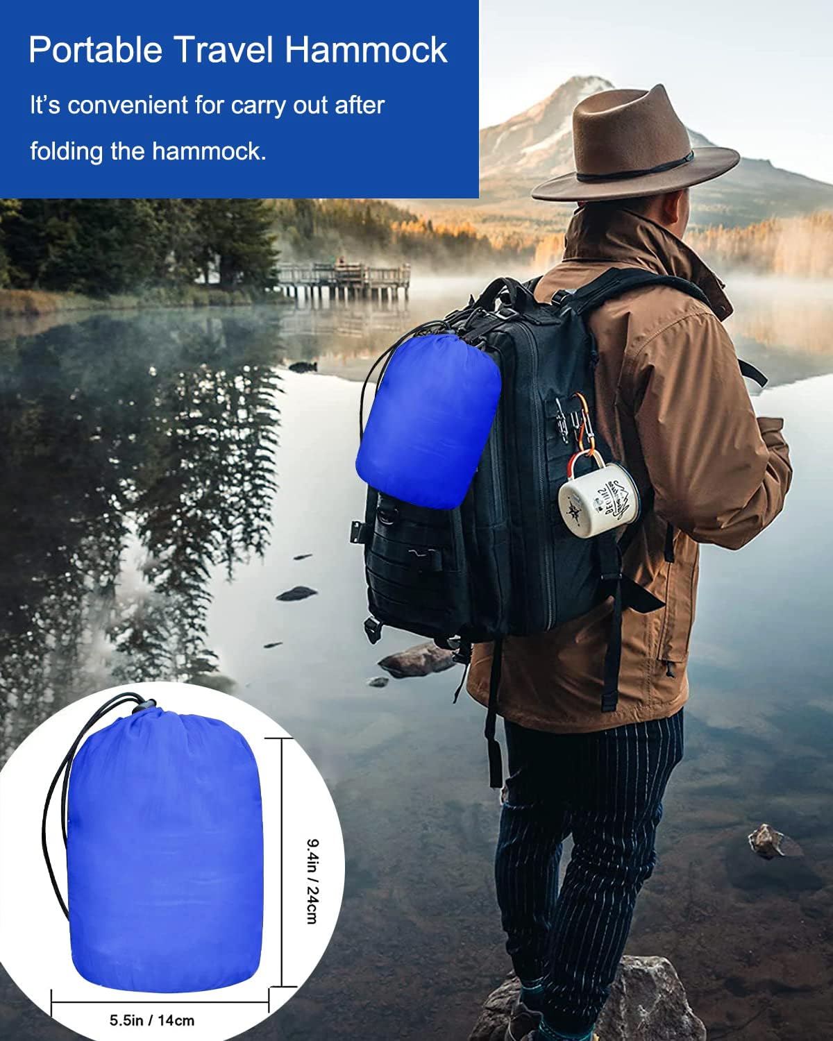 Hamac de Camping avec Moustiquaire, Ultra-léger Hamac de Voyage, 260 x 140cm, 300kg Capacité de Charge, 2 Personnes Nylon Respirante Portable Hamac pour Jardin Camping Extérieur (Bleu)