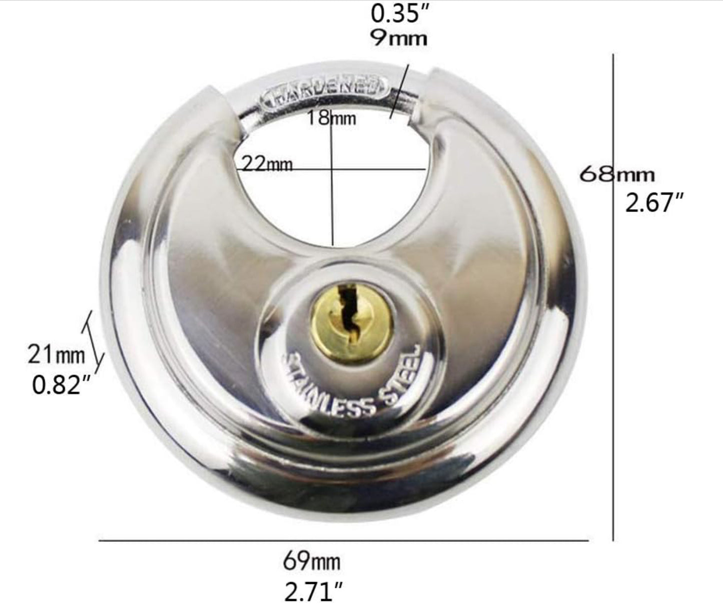 Cadenas en acier inoxydable Forme ronde 70 mm grande Distribution gâteau Lock entrepôt Porte Disc Chaîne antivol Serrure avec 2 clés