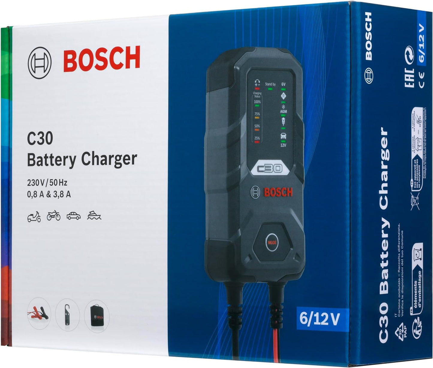 Bosch Chargeur de batterie voiture - 3,8 ampères avec fonction de maintien, Pour batteries 6V/12V pl neuf