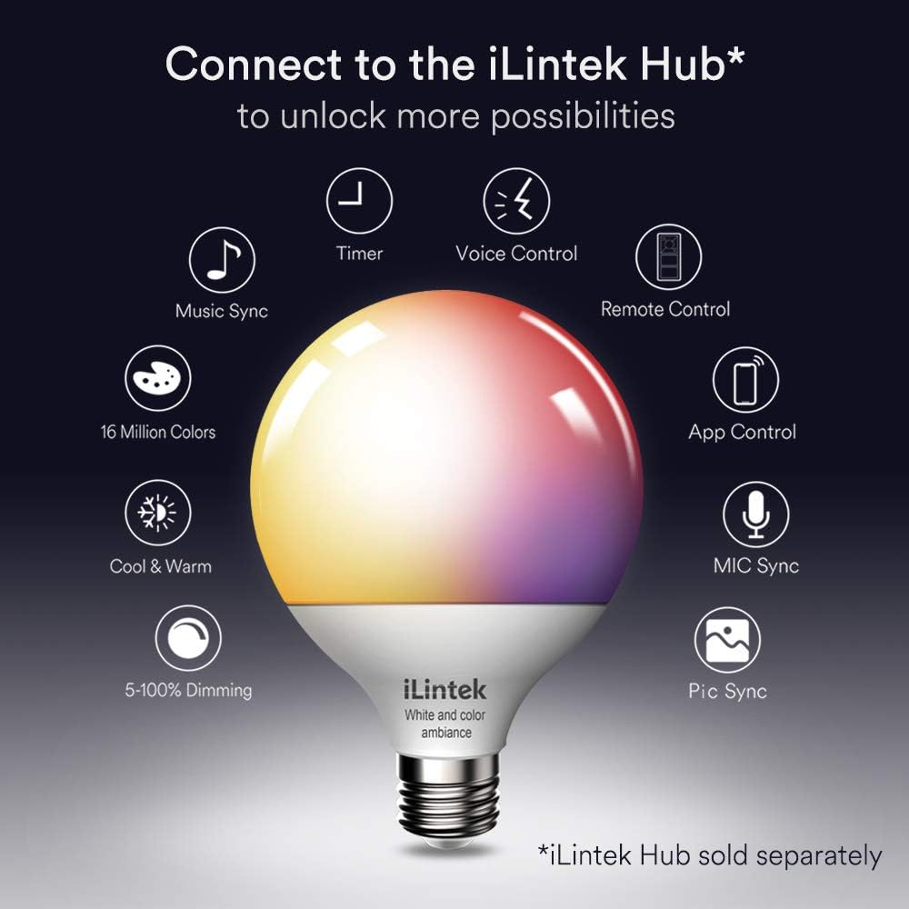Ampoule Connectee E27,iLintek Ampoule LED Intelligente 13W (100 W équivalentes),G95 Bluetooth Lumiere de Controle,Couleur RGB+ Blanc Dimmable(2700K-6000K),Compatible avec Alexa,Google Home,IFTTT,2PCS
