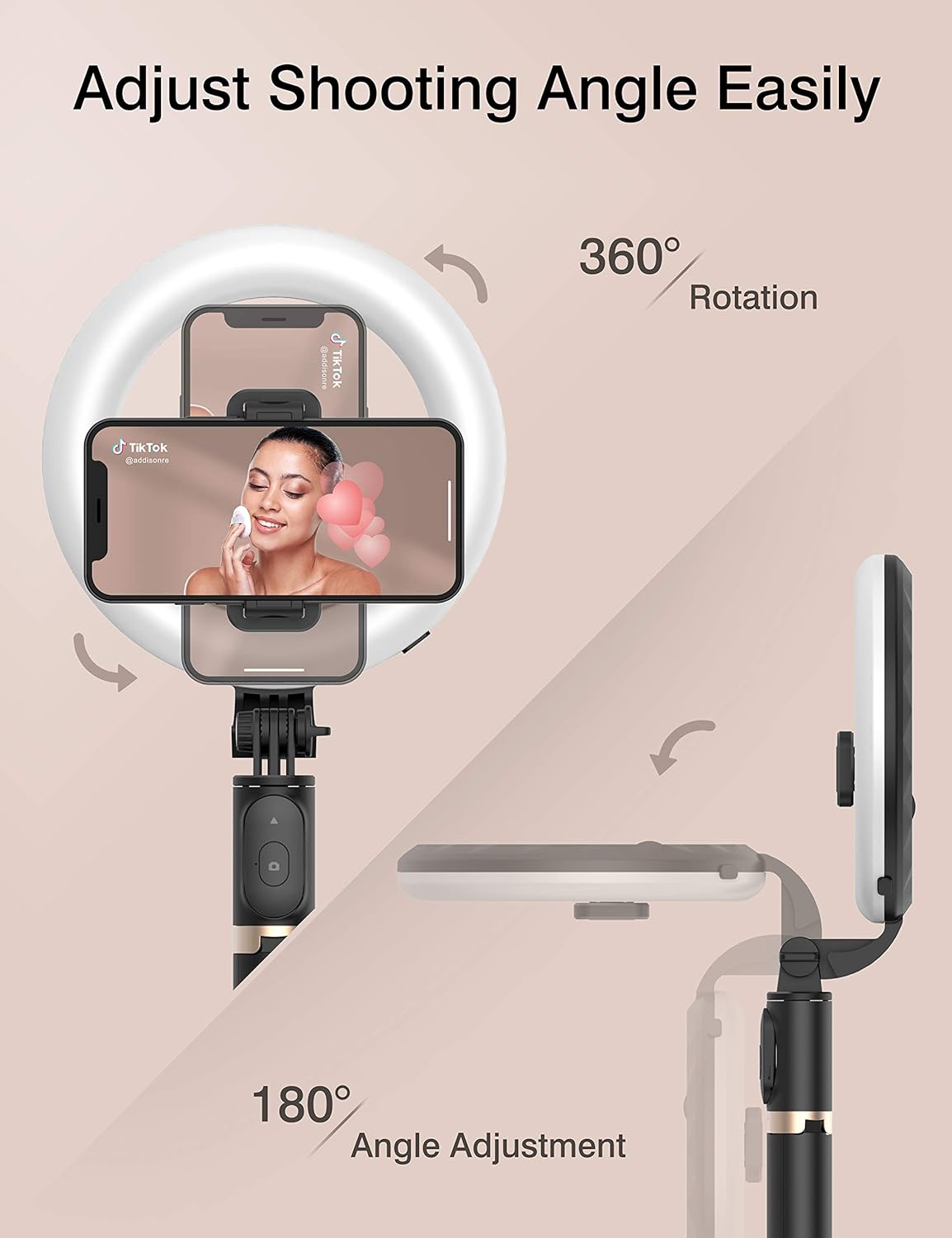 Perche Selfie Ring Light avec Trépied LED Lumière Anneau avec télécommande 3 Modes et 3 Luminosité Réglable Rotation 360° pour Tiktok, Maquillage, Youtube et Vlog pour iPhone & Android Phone