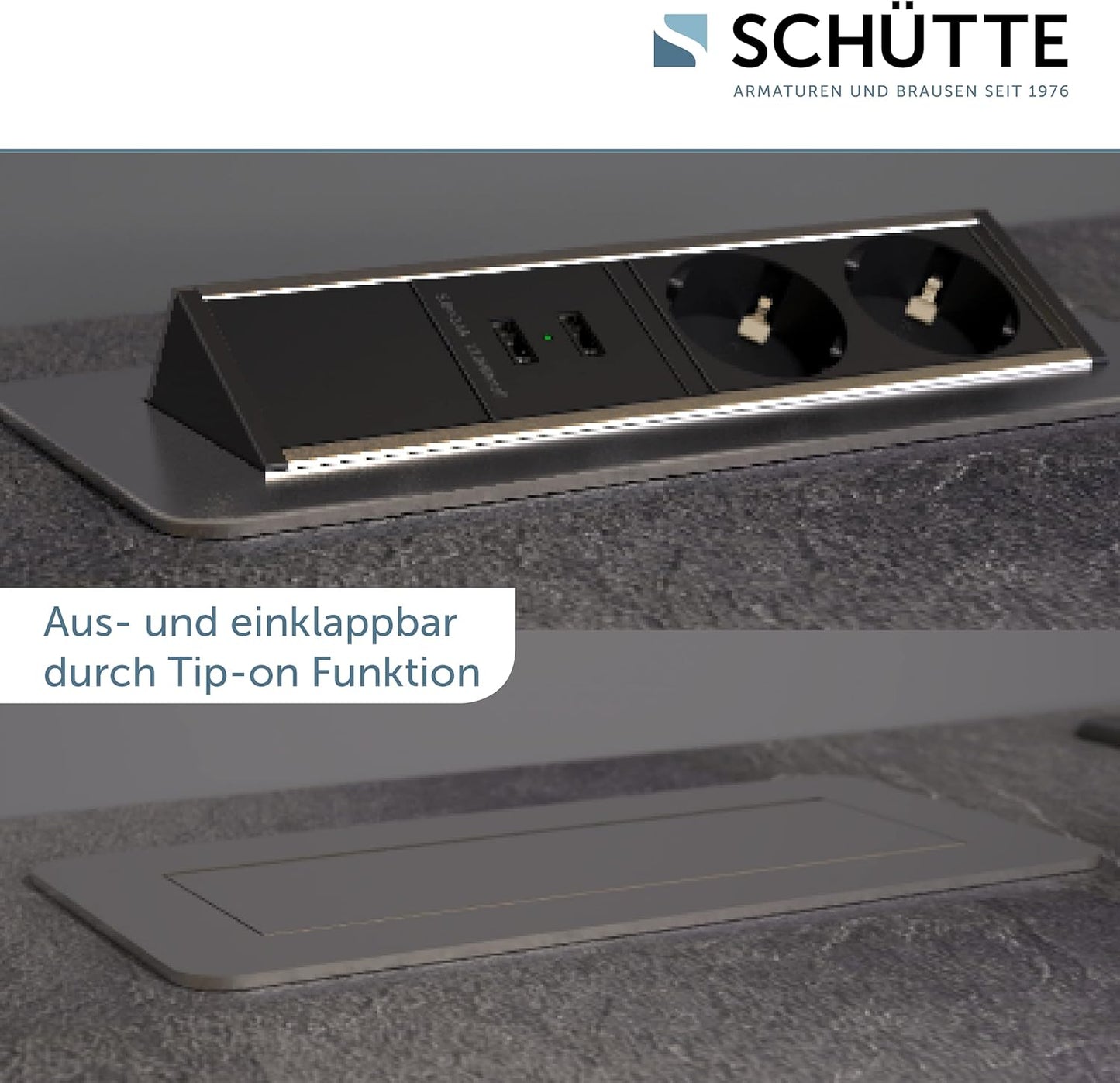 SCHÜTTE Multiprise Pliable pour Plan de Travail (2 Ports USB et 2 Prises de 230 V), Prise encastrable pour la Cuisine à équiper, Prise de Table en Acier Inoxydable