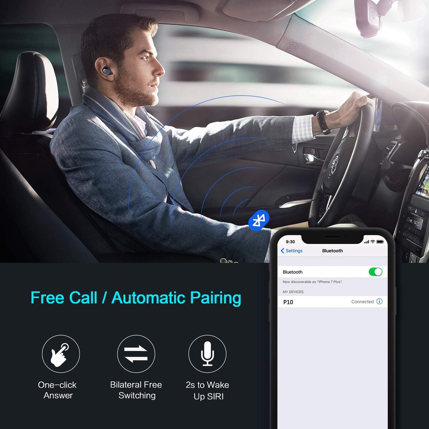 4UMOR V5.0 Ecouteur sans Fil Sport IPX7 Etanche Oreillette Bluetooth Appariement Automatique Contrôle Tactile Réduction du Bruit Casque Intra-auriculaire