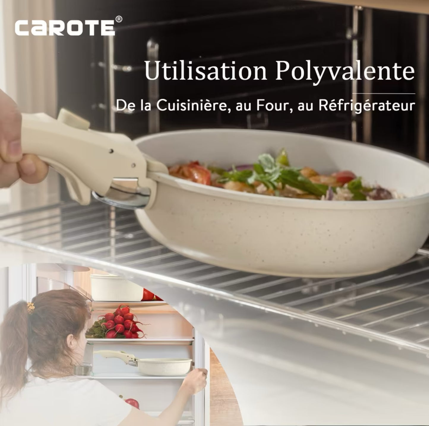 Set de 6 Pièces Carote - Poêles 22, 26, 28cm, Casserole 22cm, Poignée Amovible, Antiadhésif, Couvercles, Batterie Induction