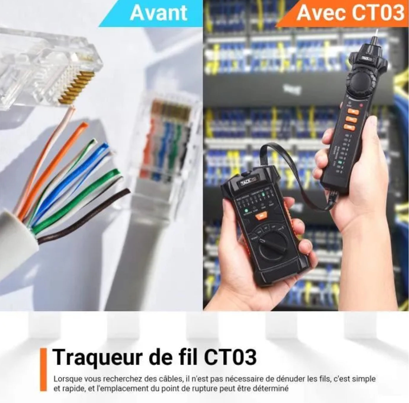 Testeur de Câble RJ45 RJ11 TACKLIFE CT03 Traqueur de Fil, Détecteur de Câble Réseau, Test de Ligne avec Voyant LED