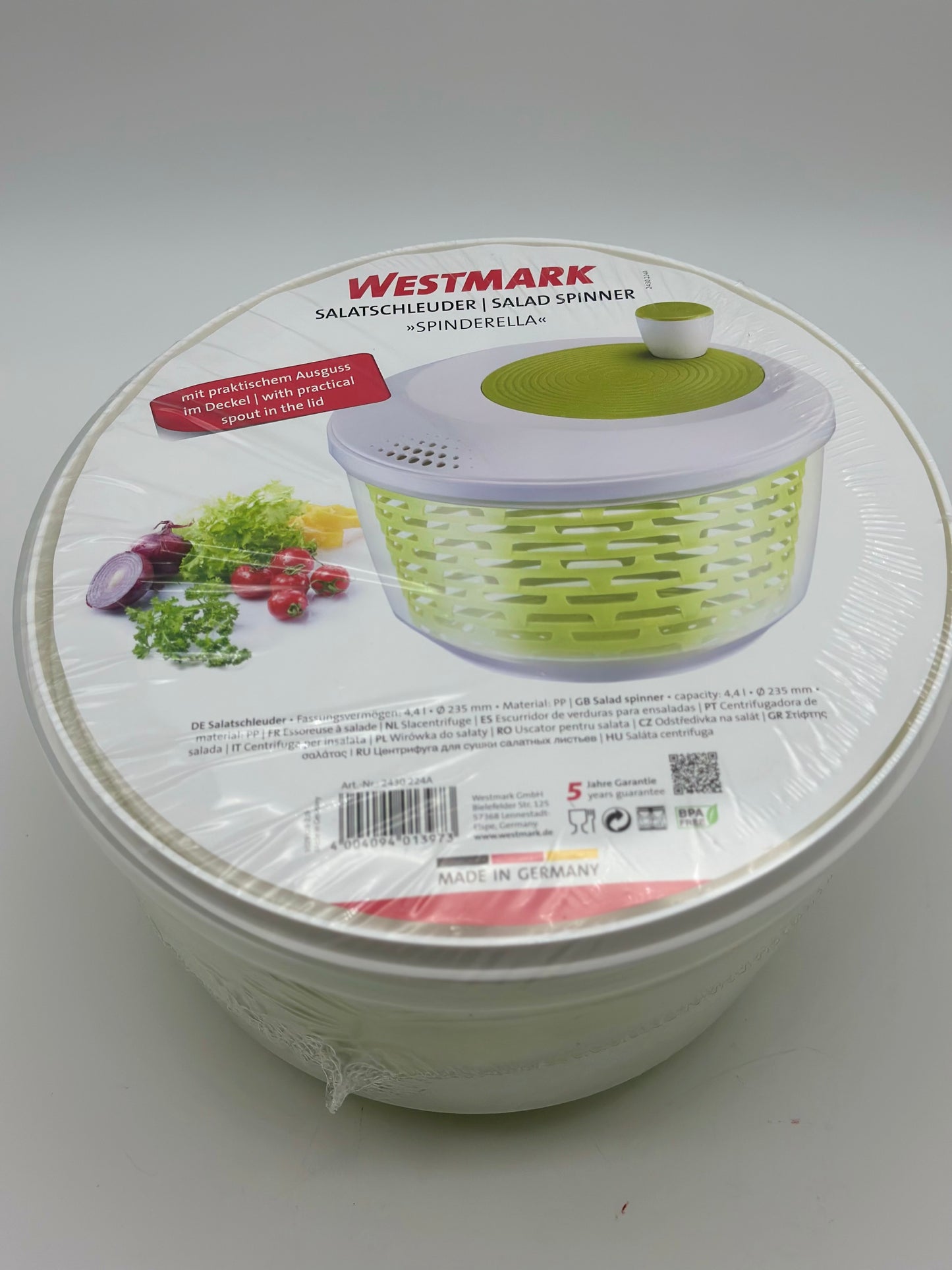 Westmark Essoreuse à Salade, Capacité : 4,4 L, ø 23,5 cm, Plastique, Sans BPA, Spinderella, Couleur: Transparent/Blanc/Vert
