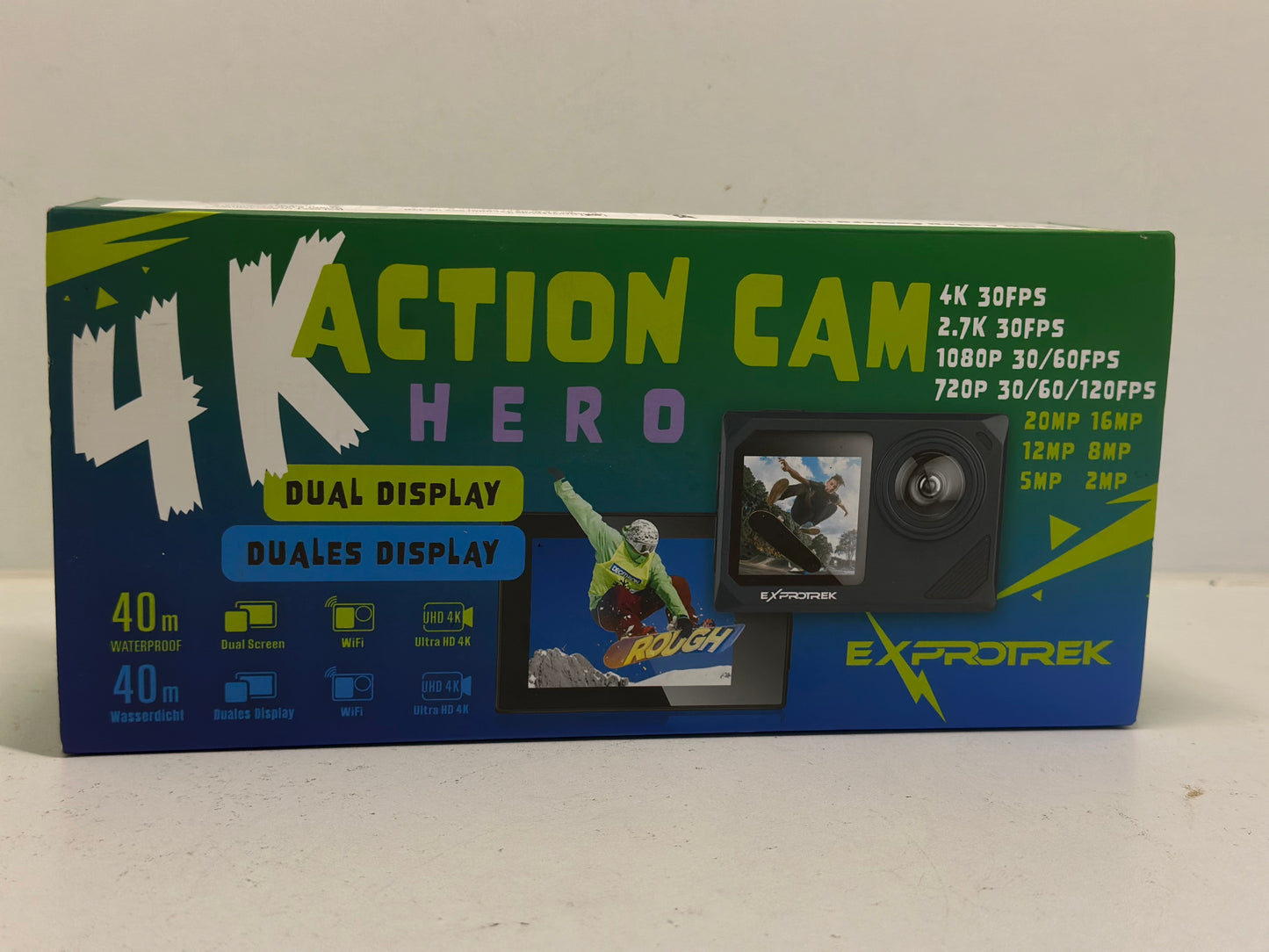 Exprotrek Action Camera 4K 30fps Ultra HD, Caméra d'action 40 m 100 Pieds étanche WiFi Ultra Grand Angle 170°, télécommande, 2 Batteries et kit d'accessoires pour Casque