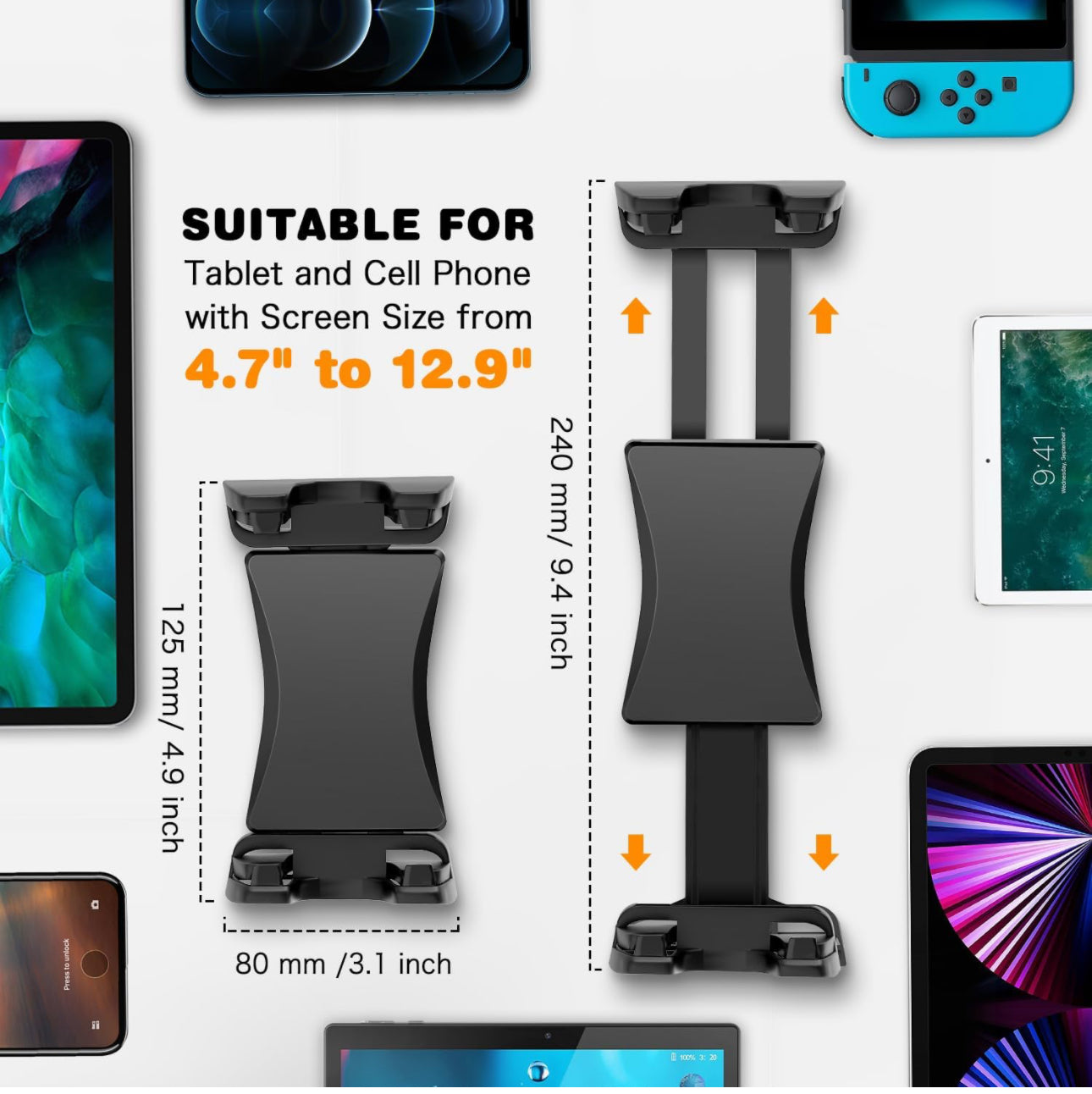 Support Tablette Voiture, Rotation à 360 Degrés Réglable Support iPad de Bord, Support Mural Tablette pour iPad Air Mini, iPhone, 4.7-12.9" Tablettes et Téléphones pour Mural, Voiture, Cuisine