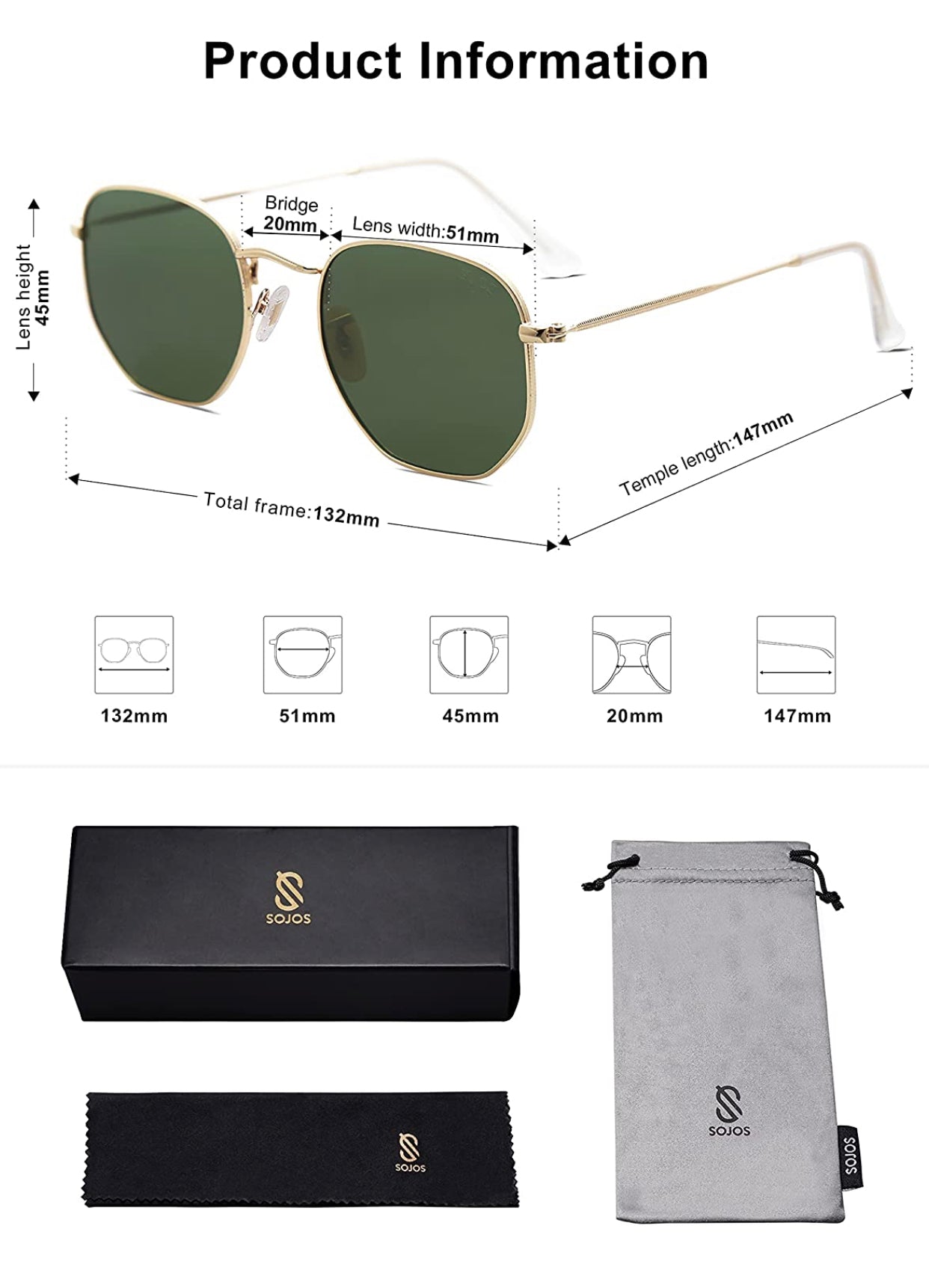 SOJOS Lunettes de Soleil Moderne Géométrique Métal Temples Minces Polarisé Lentille Plate Hexagonal pour Femmes et Hommes SJ1072