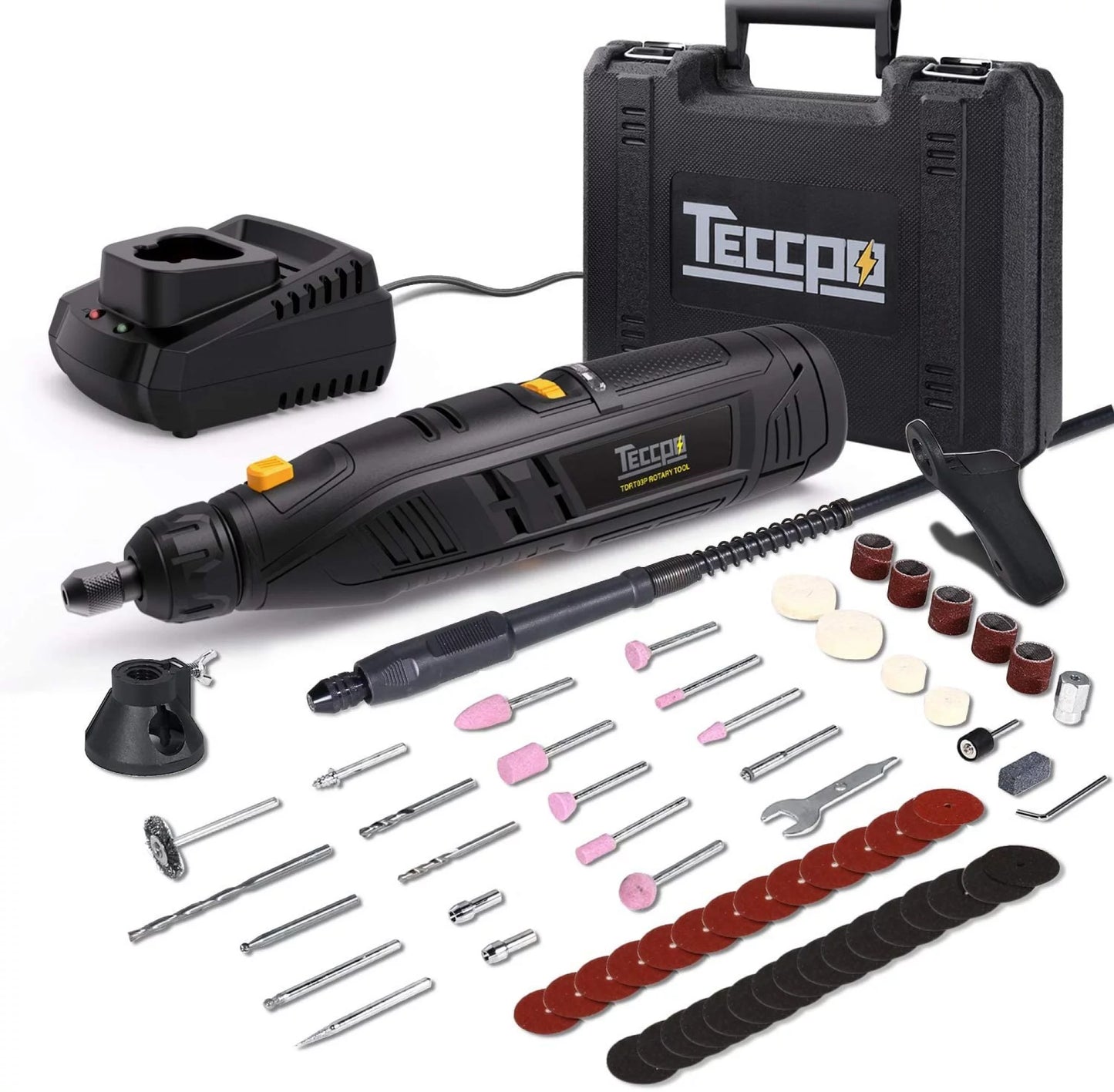 Outil Rotatif, TECCPO Outil Rotatif Multifonction Sans-fil 12V avec chargeur, 5000-28000RPM Vitesses Réglable, 4 Adaptations 80 Accessoires pour Découper, Poncer, Percer, Nettoyer