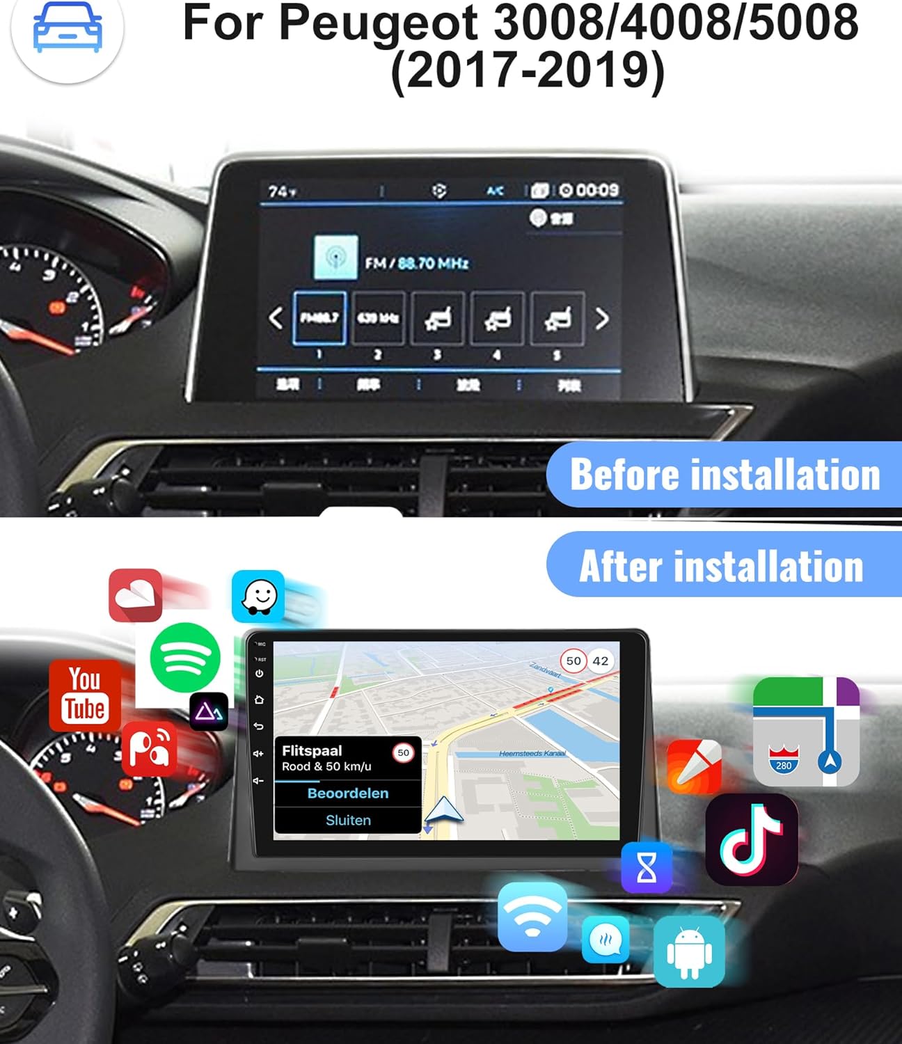 Podofo Android Autoradio pour Peugeot 5008/4008/3008 2017-2020,Auto GPS Navi 9" Écran Tactile WiFi Bluetooth FM RDS Lien Miroir USB Auto Radio Stéréo Lecteur