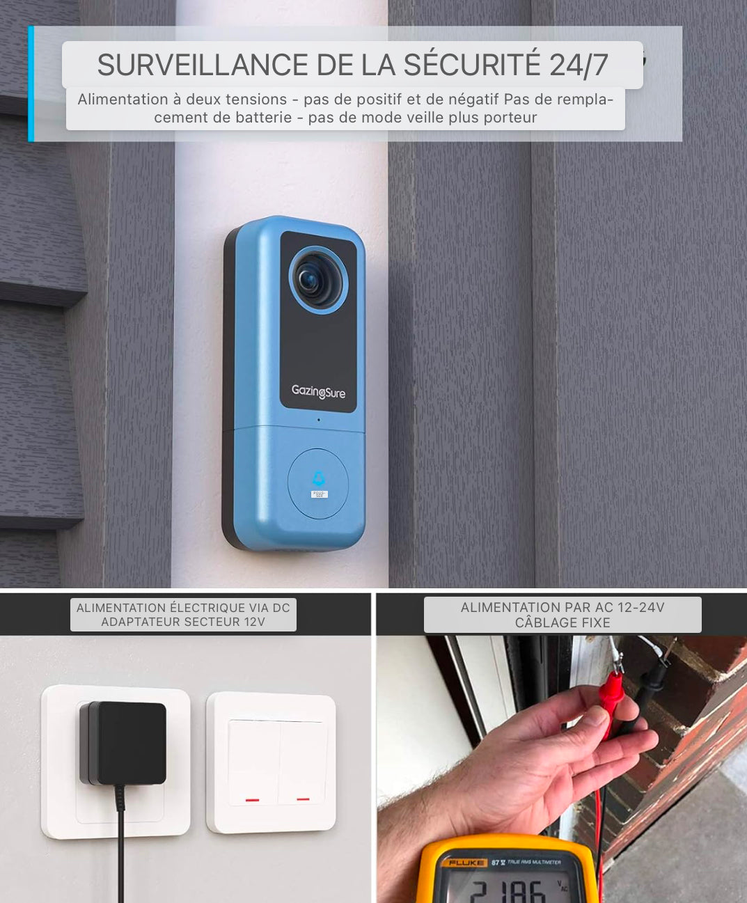Sonnette vidéo GazingSure - Sonnette de sécurité WLAN 2K avec caméra et carillon, transmission en temps réel, détection de mouvement, résistance aux intempéries IP65, compatible avec Alexa et Google Assistant