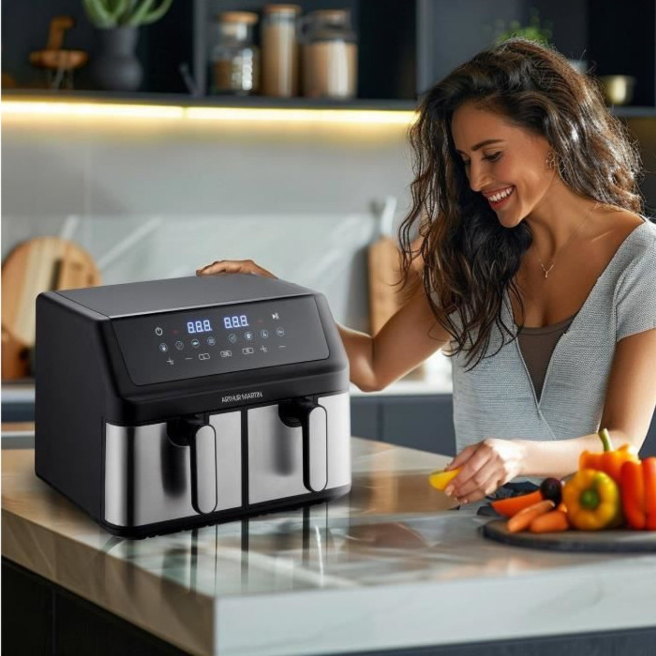 FRITEUSE SANS HUILE - ARTHUR MARTIN - AIRFRYER - 2 CUVES DE 4,5L - 2000W - AFFICHAGE LED