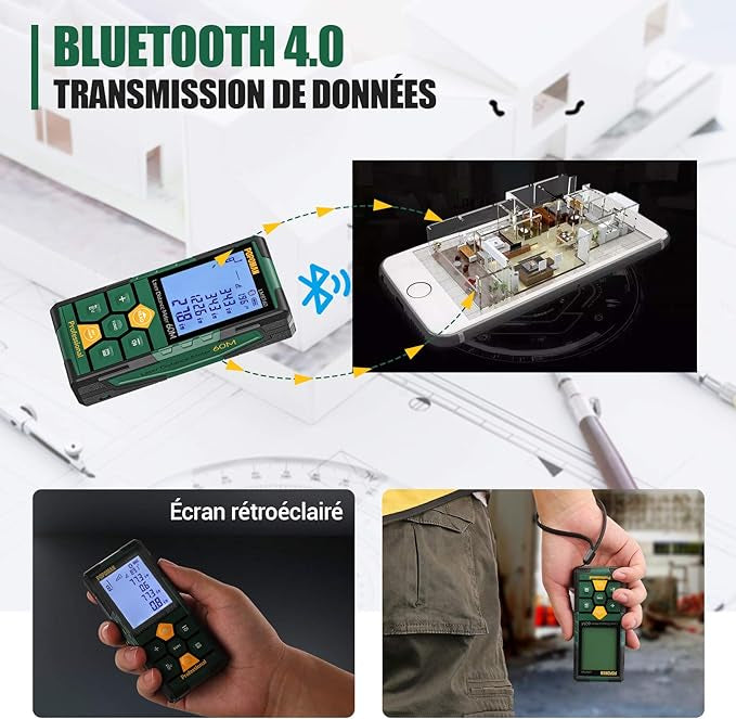 Mesure de distance laser POPOMAN, rechargeable avec Bluetooth 60m Transfert