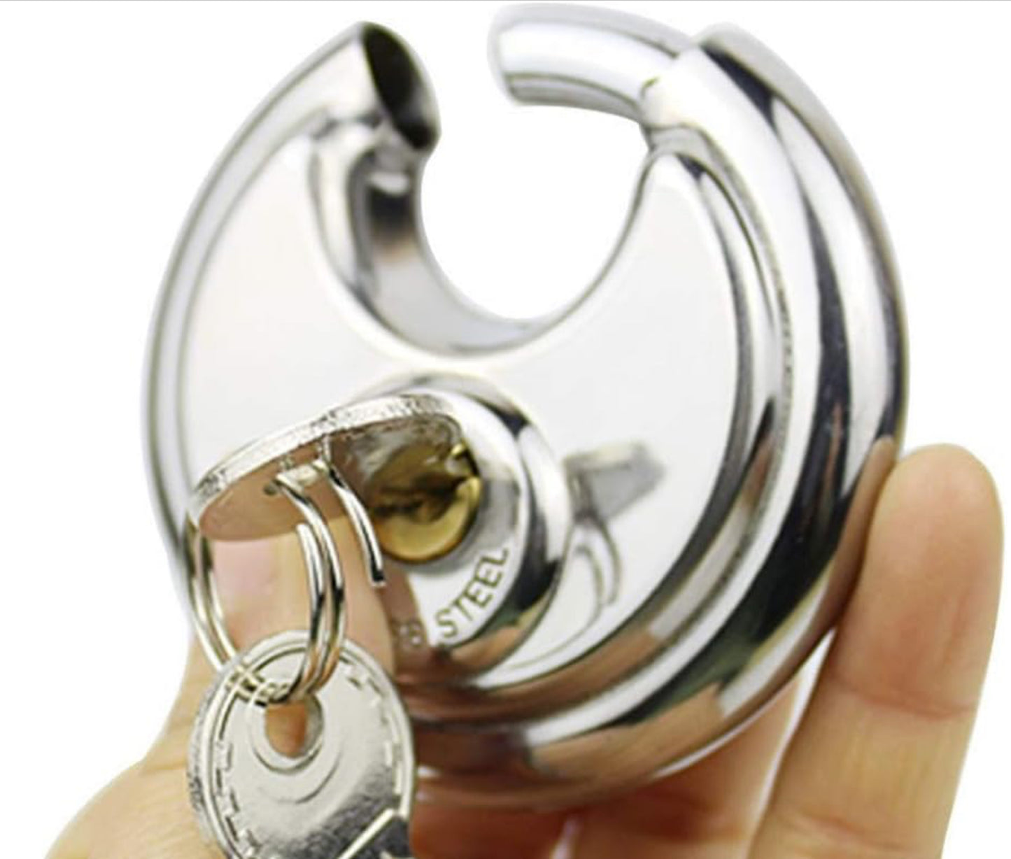 Cadenas en acier inoxydable Forme ronde 70 mm grande Distribution gâteau Lock entrepôt Porte Disc Chaîne antivol Serrure avec 2 clés