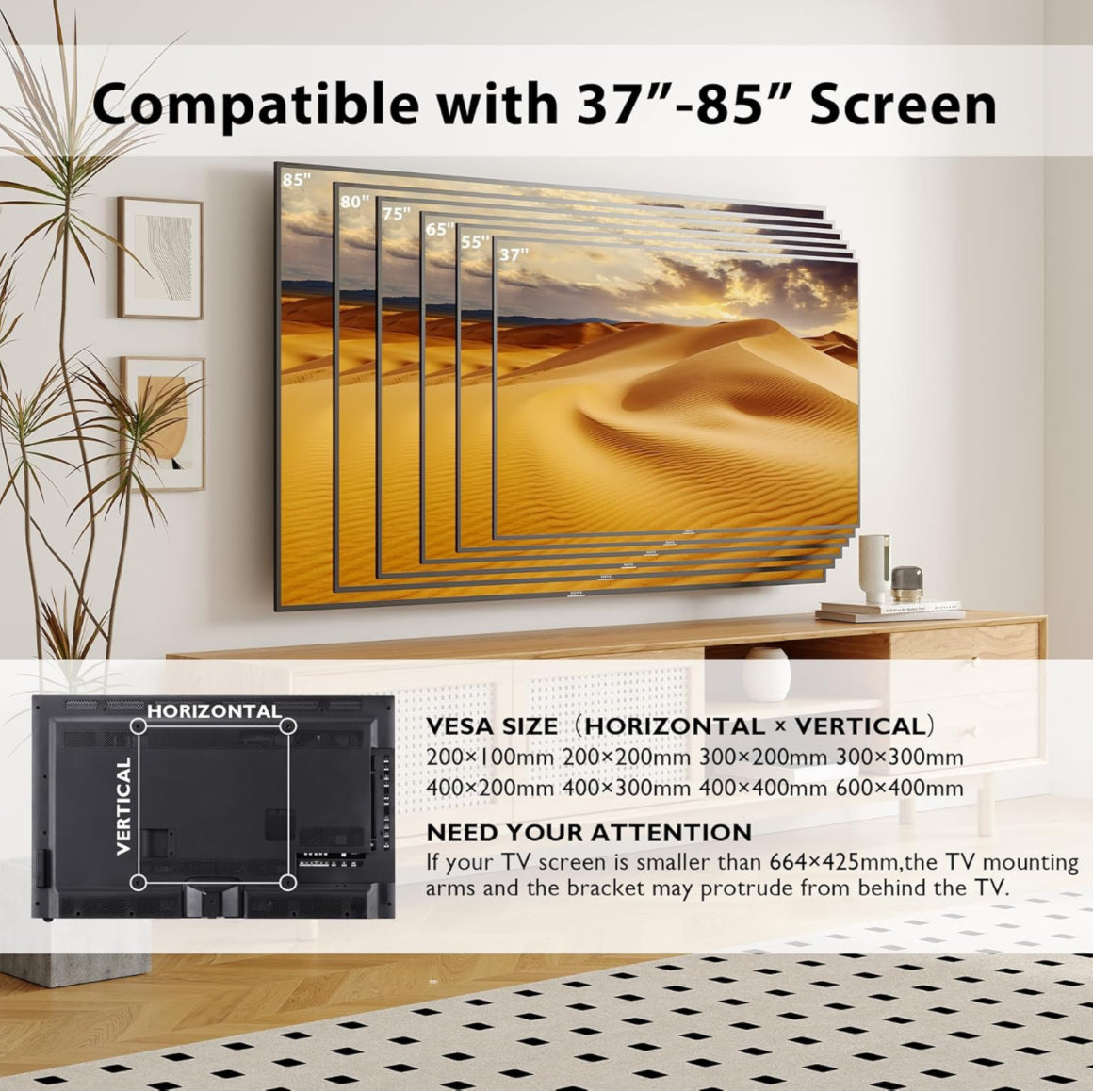 Support Mural TV pour Téléviseurs de 37-85 Pouces, Fixation Murale TV Peut Contenir Jusqu'à 60kg, Support TV Pivotant et Inclinable avec Bras Double Extensible, Max VESA 600x400mm