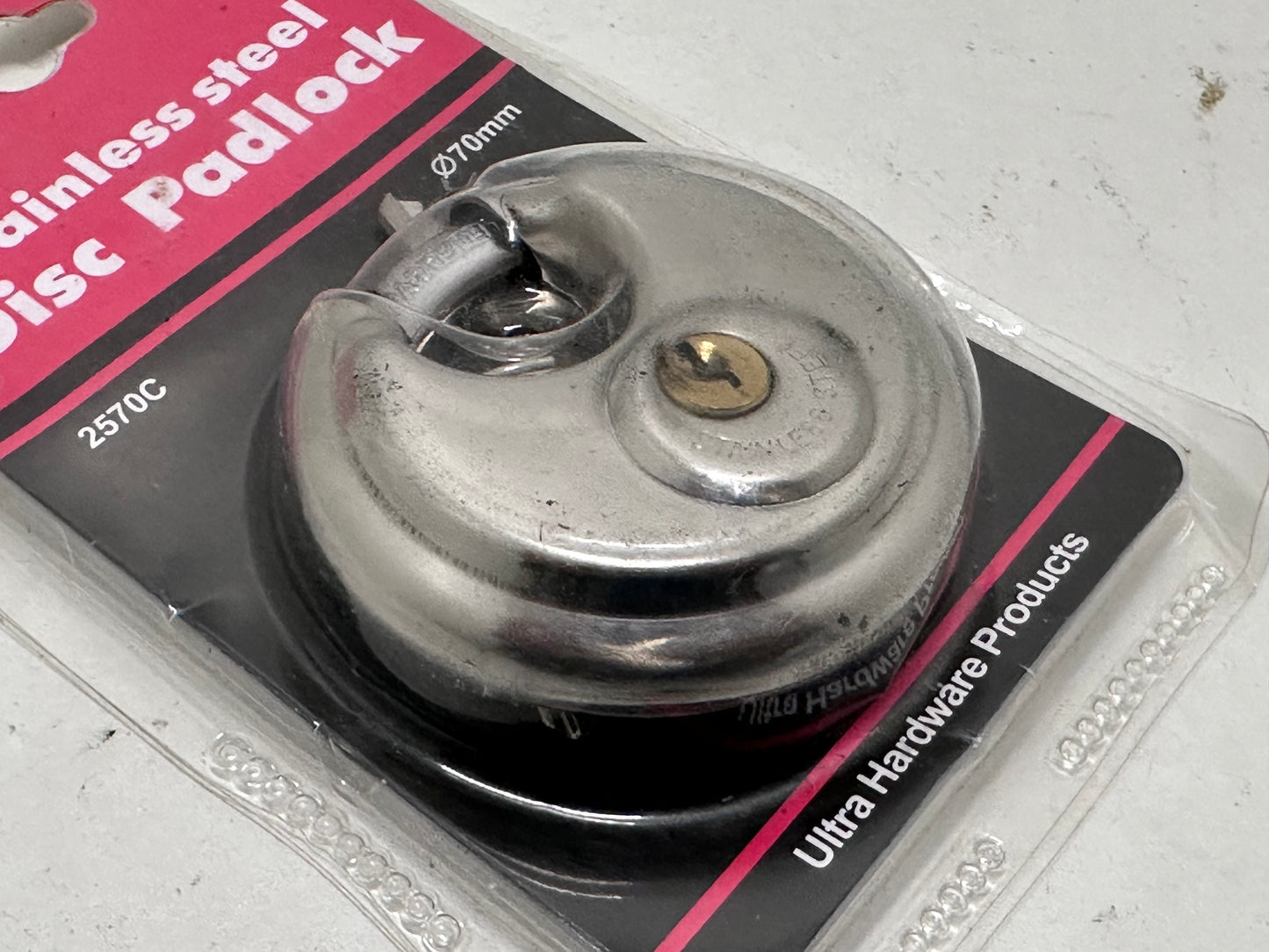 Cadenas en acier inoxydable Forme ronde 70 mm grande Distribution gâteau Lock entrepôt Porte Disc Chaîne antivol Serrure avec 2 clés