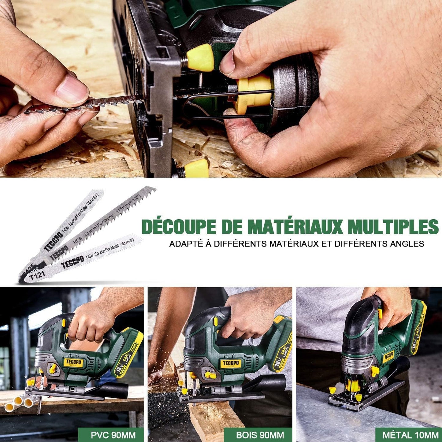 Scie Sauteuse sans Fil TECCPO 18V, 90mm dans le bois, 90mm dans PVC, 10mm dans l'acier, 2 x 2.0Ah Batteries, 2300RPM, 6 Lames, Lampe LED, 45°Angle de Coupe Max, Boîte de Transport