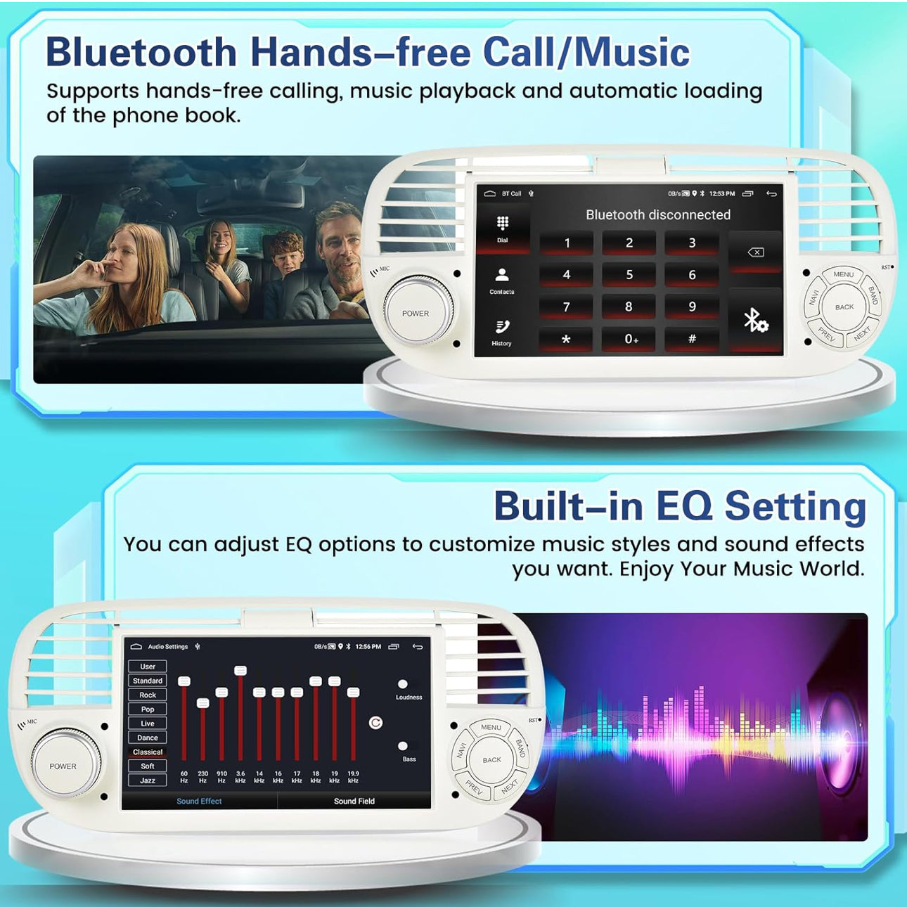 Autoradio 2+64G Android pour Fiat 500 2007-2015 avec sans Fil Carplay Android Auto, Ecran Tactile 7 Pouces avec Bluetooth/WiFi/GPS/Caméra de Recul/FM/RDS/SWC