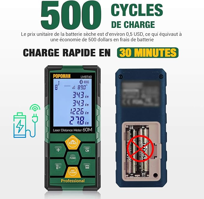 Mesure de distance laser POPOMAN, rechargeable avec Bluetooth 60m Transfert