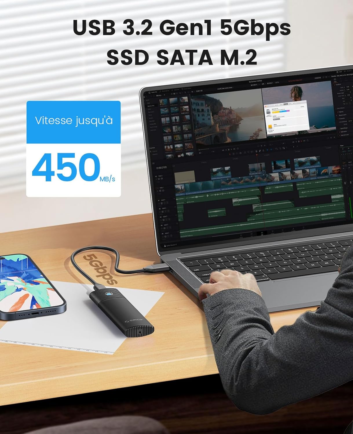 ORICO Boîtier SSD M.2 SATA, Aluminium Adaptateur USB C 5Gbps sans Outil(Pas pour NVMe), Lecteur USB 3.2 M.2 NGFF SATA pour 4TB 2230/2242 /2260/2280 Basé sur SATA B-Key/B+M-Key SSDs- PWM2-BK