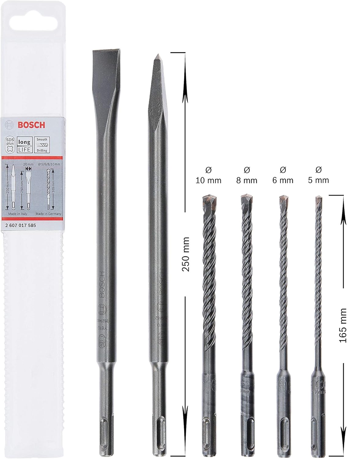 Coffret de 6 forets et burins pour marteau perforateur Bosch Professional 2607017585 SDS Plus-5 (pour béton et maçonnerie ; accessoires : marteau perforateur