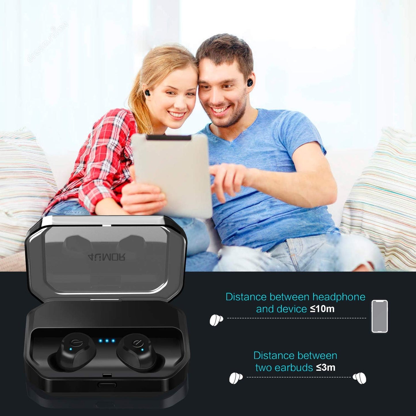 4UMOR V5.0 Ecouteur sans Fil Sport IPX7 Etanche Oreillette Bluetooth Appariement Automatique Contrôle Tactile Réduction du Bruit Casque Intra-auriculaire