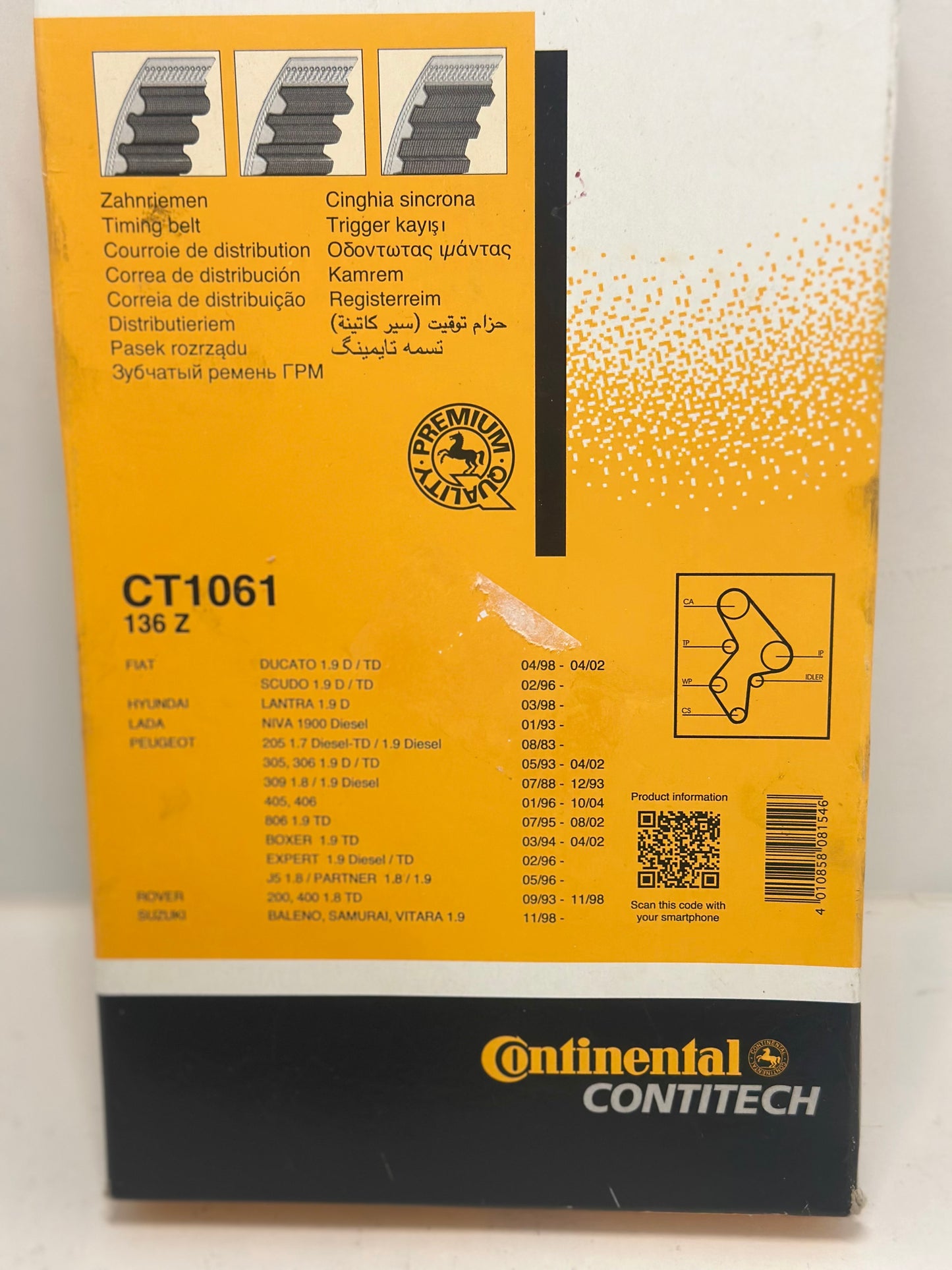 CONTITECH CT1061 Courroie de distribution
Nbr. dents: 136 25mm
Réf.: CT1061
EAN: 4010858081546
