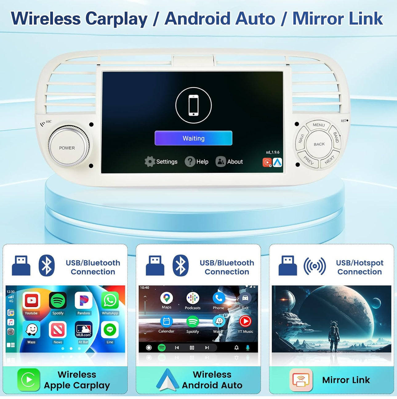 Autoradio 2+64G Android pour Fiat 500 2007-2015 avec sans Fil Carplay Android Auto, Ecran Tactile 7 Pouces avec Bluetooth/WiFi/GPS/Caméra de Recul/FM/RDS/SWC