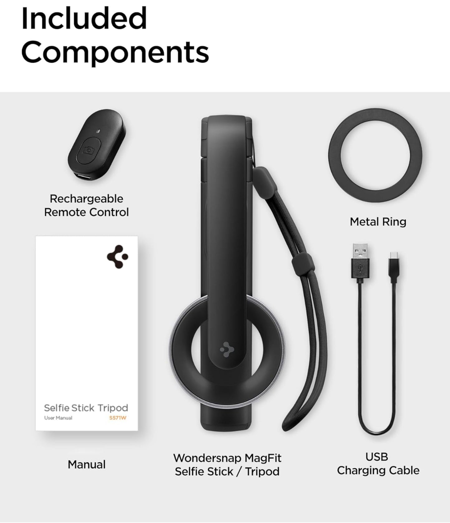 Spigen Perche à Selfie Wondersnap MagFit Trépied Smartphone Bâton Selfie Portable Télescopique pour iPhone, Galaxy, Pixel, Xiaomi, Huawei, GoPro - Noir