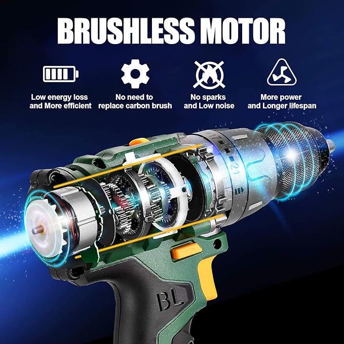 TECCPO Perceuse Visseuse sans Fil Brushless, 45Nm, Chargeur Rapide, 1 Batterie 2000mAh, 2 vitesses