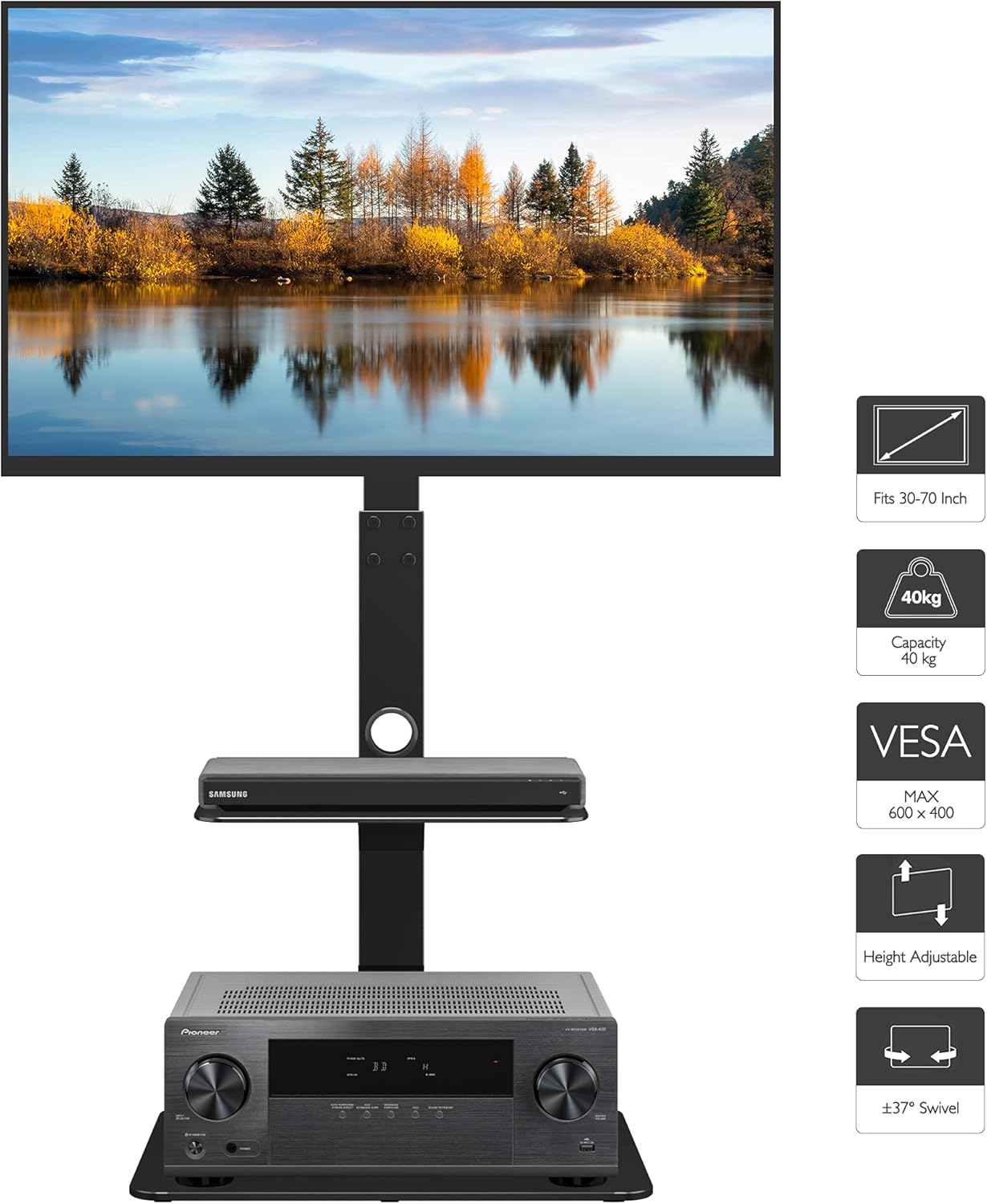 Support TV sur Pied pour 30-70 Pouces Montage au Sol Téléviseurs Incurvés Plats LED OLED LCD jusqu'à 40 kg, Pivotant Hauteur Réglable avec 2 Etagères, Max VESA 600x400 mm