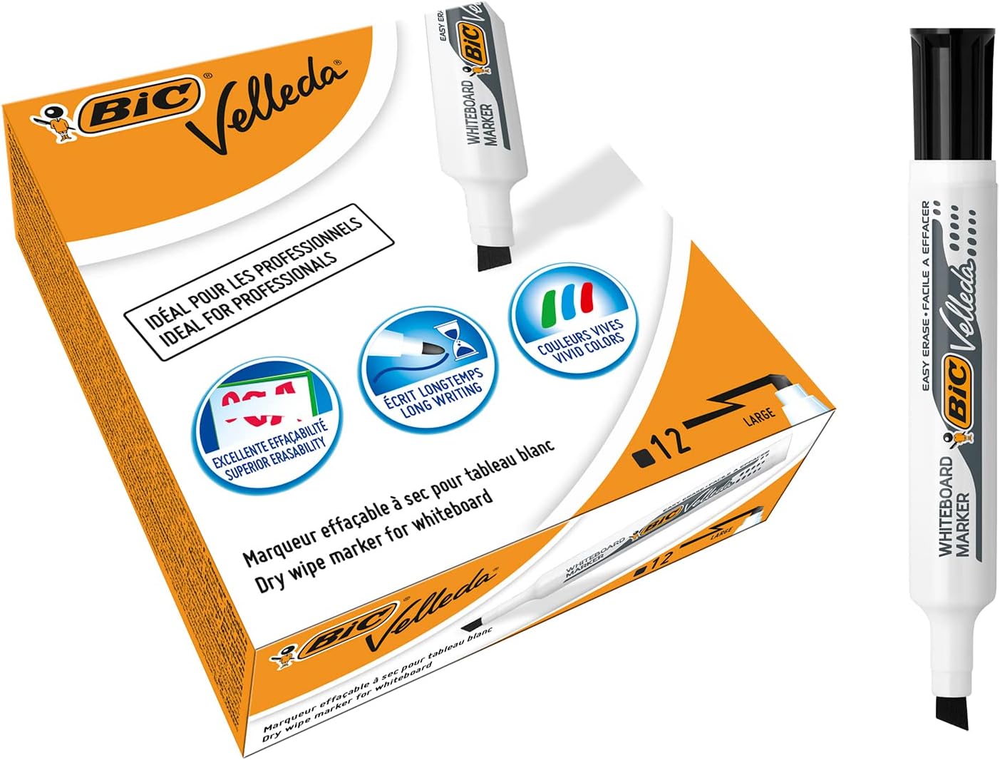 BIC Velleda 1791 Feutres pour Tableau Blanc Effaçables à Sec Pointe Large Biseautée - Noir, Boîte de 12