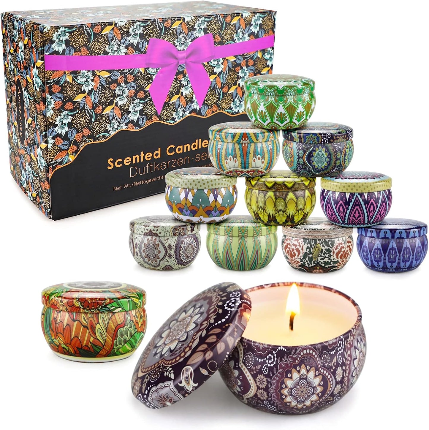Coffret Cadeau de Bougies Parfumées, 12 bougies d'aromathérapie, Bougies 100% Soja neuves